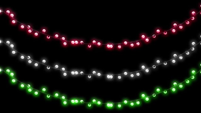 Realistic garlands, festive decorations. Glowing and blinking christmas lights isolated on black background with alpha channel. Colorful 3d animation.