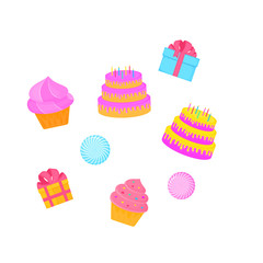 birthday cake. cupcake. gift. sweet food. dessert vector isolated on white background