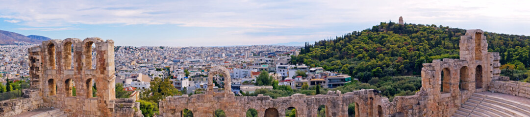 Fototapeta na wymiar Panoramic view from the Acropolis to the other side of the capital Athens on a hot evening, Greece