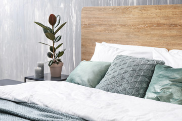 Big bed in stylish interior of room