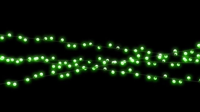 Realistic garlands, festive decorations. Glowing and blinking christmas lights isolated on black background with alpha channel. Colorful 3d animation.