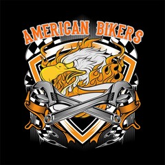 Black and white illustration of American Eagle with vintage ribbon on the dark background. text is on the separate layer.