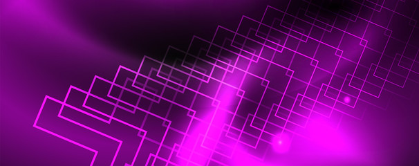 Shiny neon techno template. Neon lines background, 80s style laser rays