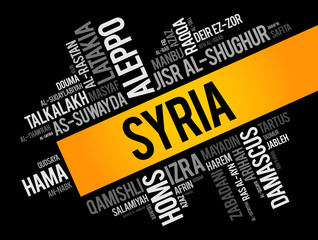 List of cities and towns in Syria, word cloud collage, business and travel concept background