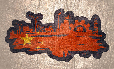 Energy and Power icons set and grunge brush stroke. Energy generation and heavy industry relative image. Agriculture and transportation. Flag of the China