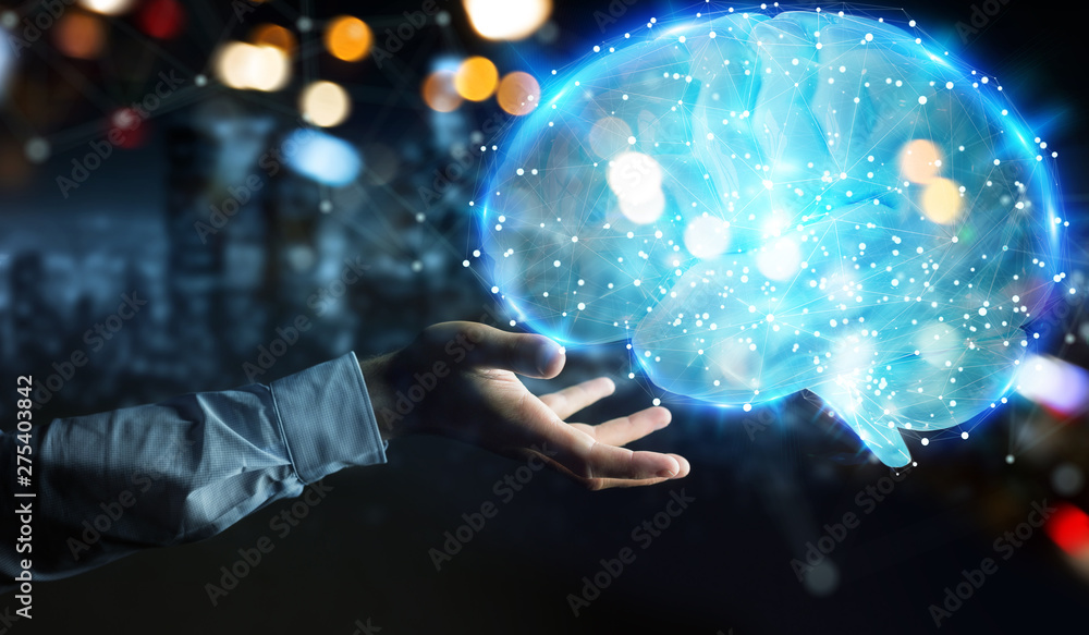 Aufkleber businessman using digital 3d projection of a human brain 3d rendering