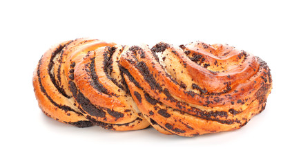 Tasty poppy bun on white background