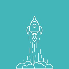 Rocket line ship with fire and clouds. Isolated on blue background. Flat linear vector illustration with flying shuttle.