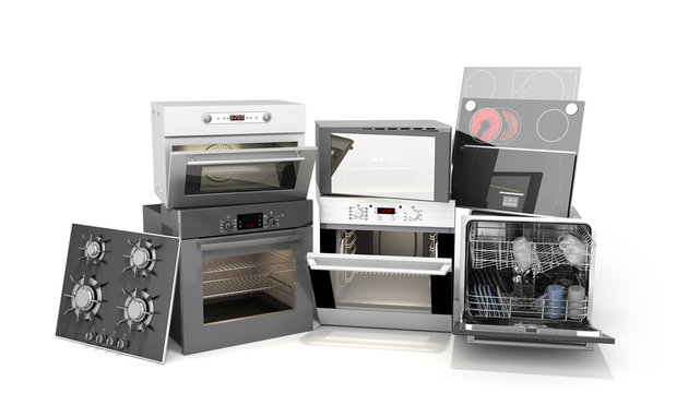 Home appliances built in Group of white 3d render on white