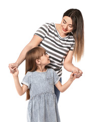 Portrait of happy mother and daughter on white background