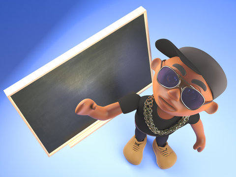 Smart Black Hiphop Rapper Teaching Class At The Blackboard, 3d Illustration