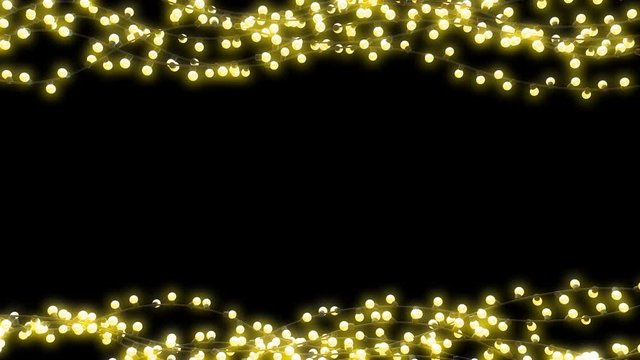 Realistic garlands, festive decorations. Glowing and blinking christmas lights isolated on black background with alpha channel. Colorful 3d animation.
