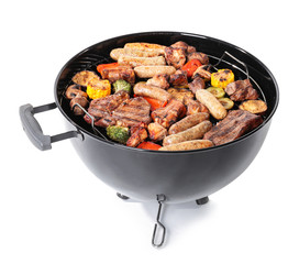 Grill with tasty cooked meat and vegetables on white background