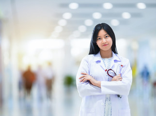 Portrait of asian doctor with a stethoscope in hospital.background female doctor.