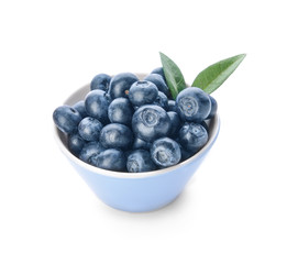 Bowl with ripe blueberry on white background