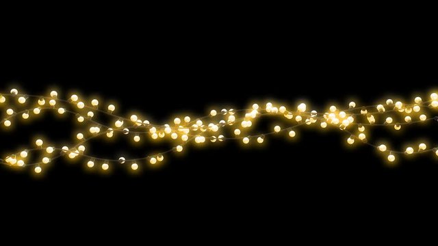 Realistic garlands, festive decorations. Glowing and blinking christmas lights isolated on black background with alpha channel. Colorful 3d animation.