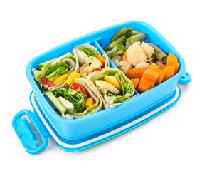 School lunch box with tasty food on white background