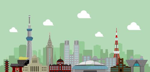 Obraz premium Tokyo skyline flat vector illustration. Tokyo landmark buildings.