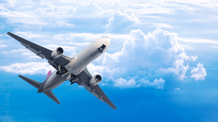 The plane take off to the beautiful sky to fly to the destination. International airline concept