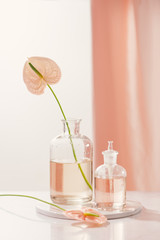 Bottles with different perfume oils on table