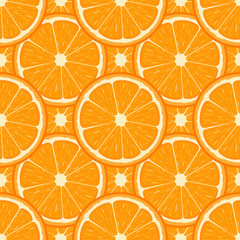 Seamless pattern with fresh half orange fruit. Tangerine. Organic fruit. Cartoon style. Vector illustration for design, web, wrapping paper, fabric, wallpaper.