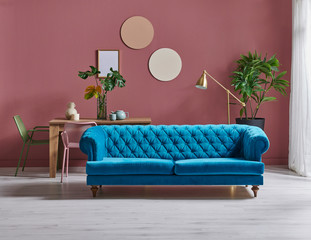 Pink and red living room style with table blue classic sofa and wooden table. Corner of room...