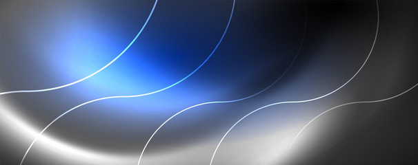 Shiny neon lights, dark abstract background with blurred magic neon light curved lines
