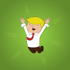 Cartoon businessman jumping in success on green background