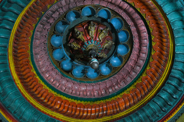 Stone masonry ceiling with intricate carving depicting gods in Garbhagriha of Vitthal Temple, Palashi, Parner, Ahmednagar