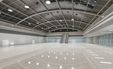 Interior is a blank space of a two-story hall with a vaulted transparent roof. 3d illustration night view