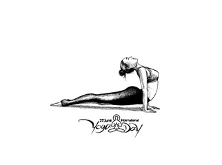 Woman practicing yoga pose, 21st june international yoga day, Hand Draw Sketch Vector Design.