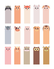 Bookmarks for children's books with animals: raccoon bear Fox hare sheep wolf cow cat dog hedgehog pig horse hamster juice deer
