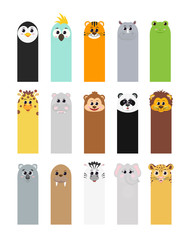 Bookmarks for children's books with animals: penguin parrot tiger Rhino frog giraffe Hippo monkey Panda lion Koala walrus Zebra elephant leopard.