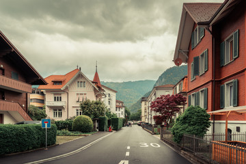 Fototapeta na wymiar Cityscape Old Town of Interlaken, Switzerland, Traditional Architecture Housing and Historical of Swiss, Travel Destination and Vacation