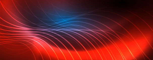 Trendy neon blue abstract design with waves and circles. Neon light glowing effect. Abstract digital background.