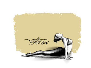 Woman practicing yoga pose, 21st june international yoga day, Hand Draw Sketch Vector Design.