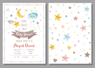 Baby shower invitation template for baby girls boys Cute sky stars cloud moon Set 2 cards Vector