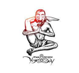 Yoga Guru Baba yoga pose, 21st june international yoga day. Hand Draw Sketch Vector Illustration.