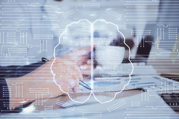 Brain multi exposure icon with man hands background.