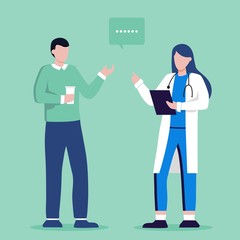 Modern woman doctor in white coat with stethoscope talking with young patient, man or teen in casual clothes. Therapist appointment. Online ask doctor. Healthcare services