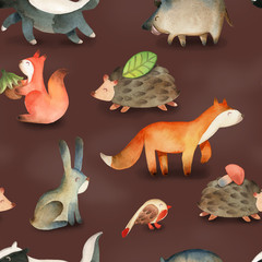 Seamless pattern with bird; leaf; hazelnut; mushroom; squirrel, hedgehog, fox, hare, rabbit, boar, badger