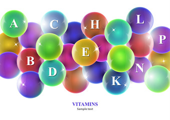 Vitamin complex. Colorful pill capsules. Icon of various vitamins in bright colors of the rainbow. Medical image, creative design.