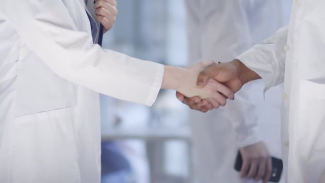 Panning close-up body shot of female physician, holding flipchart, shaking hands with new male colleague with dark skin, and welcoming him to hospital ward on first day at work