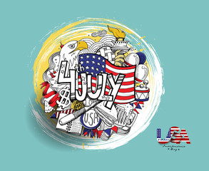 4th of July - American Flag with eagel Independence Day, Hand Drawn Sketch Vector illustration.