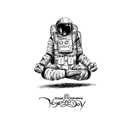 Fototapete Jungenzimmer Astronaut in Raumanzug Yoga-Gesten, Hand gezeichnete Skizze Vektor-Illustration.