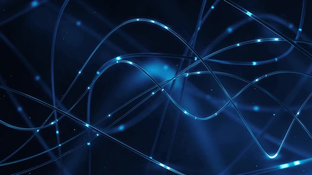 3d render, Abstract technology background in blue colors. Fiber optic cables with glowing elements. Distribution of the light signal. Depth of field. Data Communication on Optical Fibers Cable. Loop