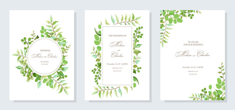 Wedding invitation, postcard with forest green herbs, leaves, eucalyptus branches, fern leaves exotic tropical plants. Botanical, elegant pattern.