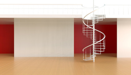 Stairs in the contemporary living area are beautiful and simple in the background of red walls and modern ideas - 3d rendering