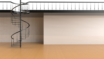 Spiral staircase in the contemporary living area is simple and minimalist in the background of white walls - 3d rendering