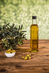 Olive oil, olive tree and green olives, bottles of olive oil.